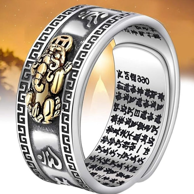 ¡𝐏𝐑𝐎𝐓𝐄𝐆𝐄 𝐘 𝐀𝐓𝐑𝐀𝐄 𝐋𝐀 𝐒𝐔𝐄𝐑𝐓𝐄! Anillo Ajustable de Plata 99 con Pixiu Feng Shui y Mantra Om Mani Padme Hum - 𝐏𝐫𝐨𝐭𝐞𝐜𝐜𝐢𝐨𝐧 𝐲 𝐏𝐫𝐨𝐬𝐩𝐞𝐫𝐢𝐝𝐚𝐝🍀