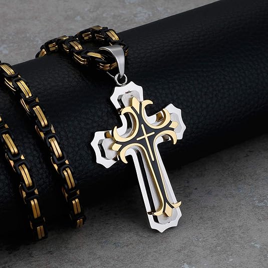 𝐏𝐑𝐎𝐓𝐄𝐂𝐂𝐈𝐎𝐍 𝐈𝐍𝐈𝐆𝐔𝐀𝐋𝐀𝐁𝐋𝐄 ✝️ Colgante de Cruz con Cadena Bizantina en Acero Inoxidable Chapado en Oro de 18 Quilates - 𝑷𝒓𝒆𝒎𝒊𝒖𝒎 𝒚 𝑫𝒖𝒓𝒂𝒅𝒆𝒓𝒐 🙏