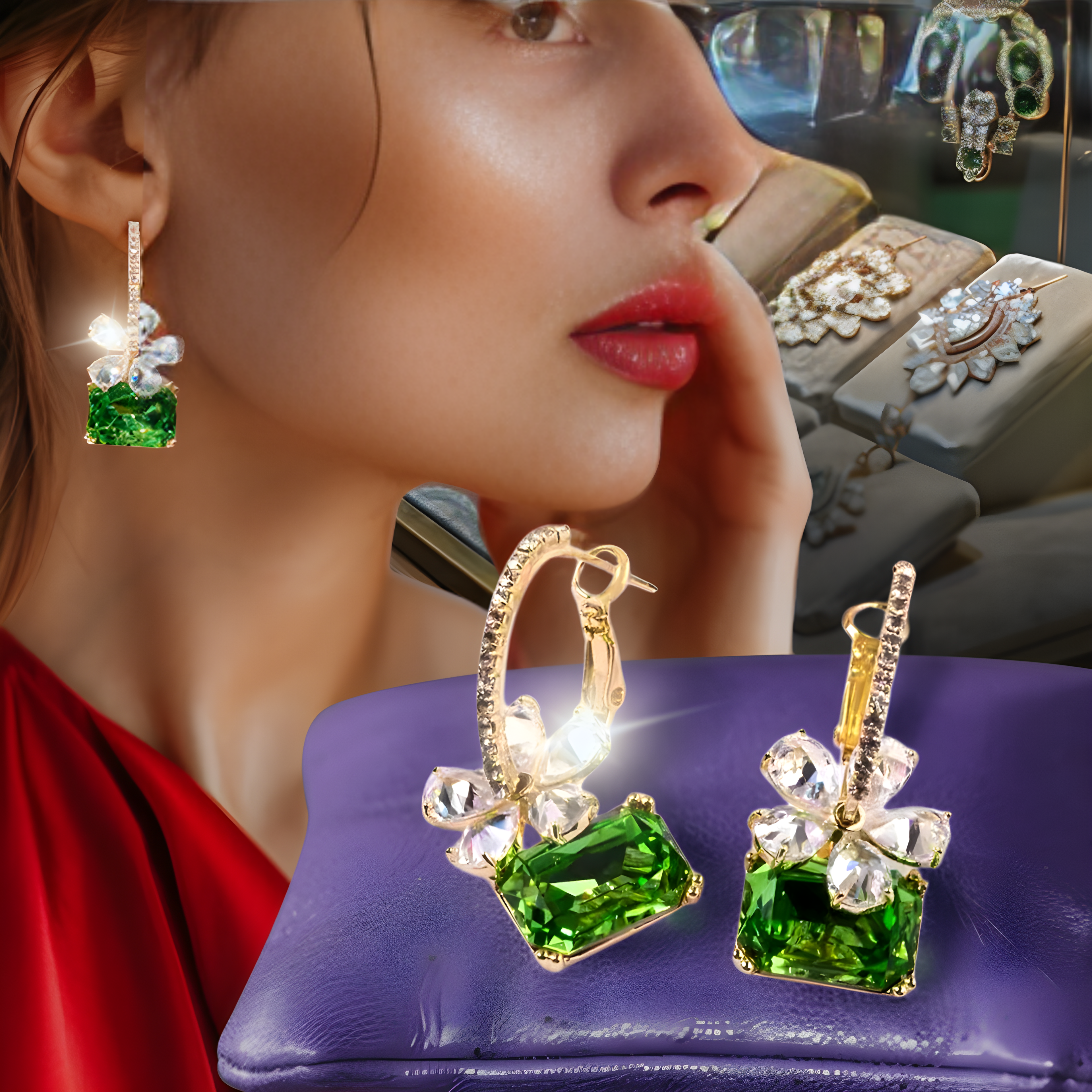 💎 Aretes de moda con diseño de flor y cristal de circonita verde 💎