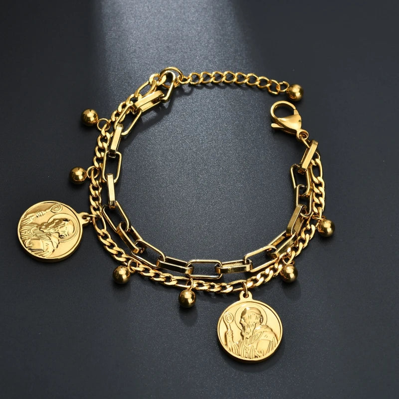 ¡𝐁𝐑𝐈𝐋𝐋𝐀 𝐄𝐋 𝐀𝐌𝐔𝐋𝐄𝐓𝐎! Pulsera de San Benito ajustable en acero quirúrgico dorado - 𝐄𝐥𝐞𝐠𝐚𝐧𝐜𝐢𝐚 𝐚𝐥 𝐦𝐚𝐱𝐢𝐦𝐨 🎉