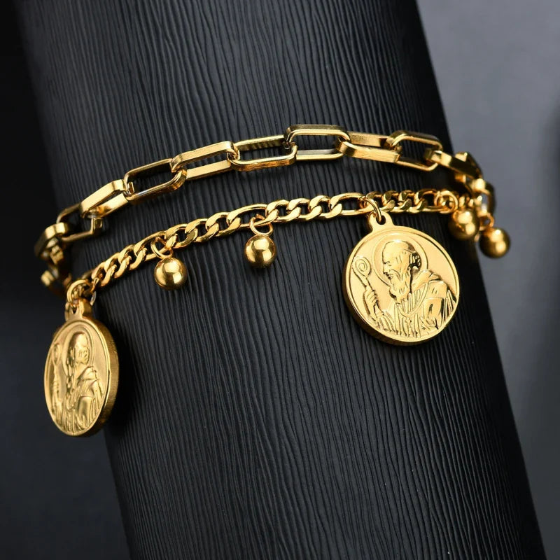 ¡𝐁𝐑𝐈𝐋𝐋𝐀 𝐄𝐋 𝐀𝐌𝐔𝐋𝐄𝐓𝐎! Pulsera de San Benito ajustable en acero quirúrgico dorado - 𝐄𝐥𝐞𝐠𝐚𝐧𝐜𝐢𝐚 𝐚𝐥 𝐦𝐚𝐱𝐢𝐦𝐨 🎉