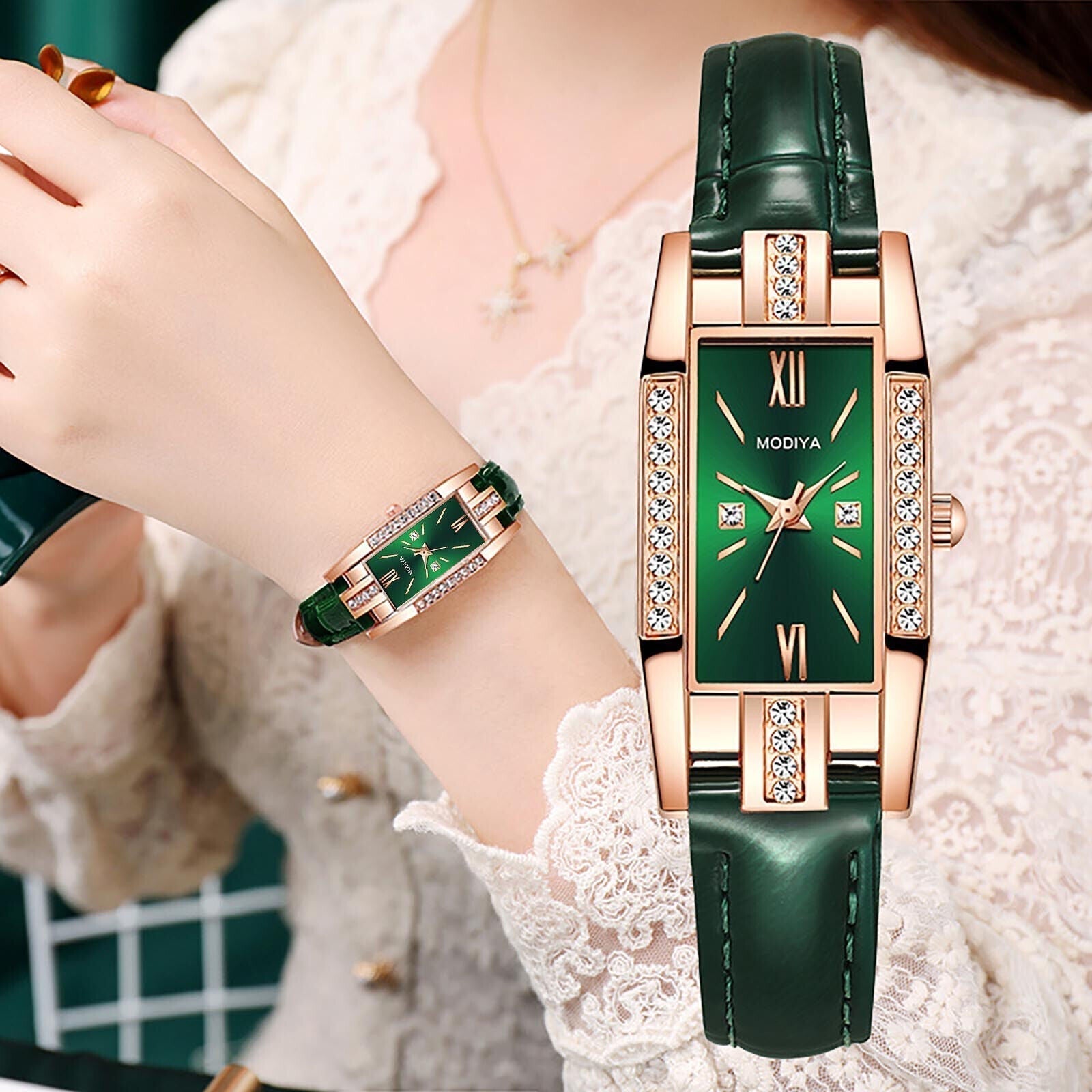 Reloj de moda clásico rectangular de oro rosa para mujer.